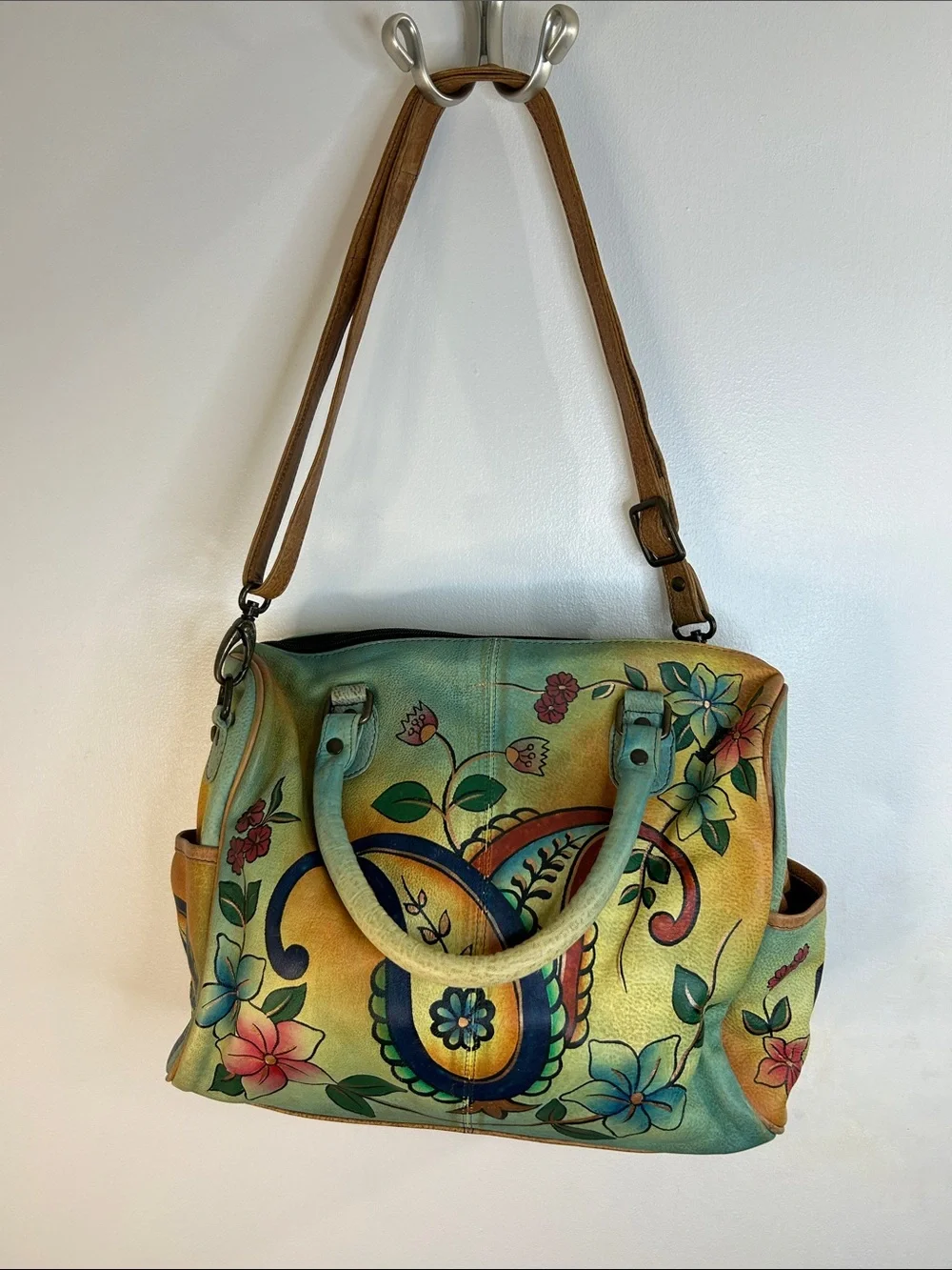 Anuschka Hand Painted Paisley Floral Theme Leather Satchel & Shoulder Strap
